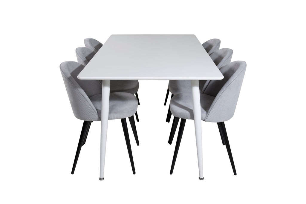 Polar matbord 180 cm vit topp/vita ben med 6 Velvet matstolar manchester ljusgrå/svart