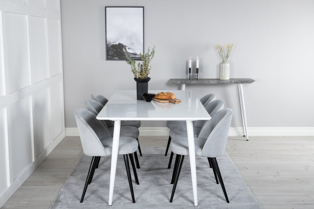 Polar matbord 180 cm vit topp/vita ben med 6 Velvet matstolar manchester ljusgrå/svart