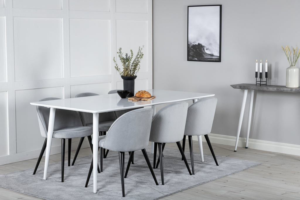 Polar matbord 180 cm vit topp/vita ben med 6 Velvet matstolar manchester ljusgrå/svart