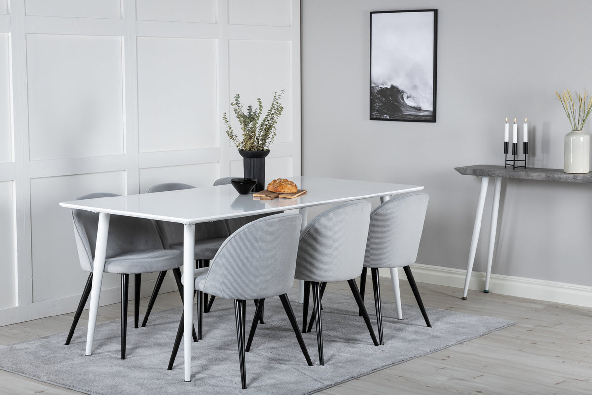 Polar matbord 180 cm vit topp/vita ben med 6 Velvet matstolar manchester ljusgrå/svart