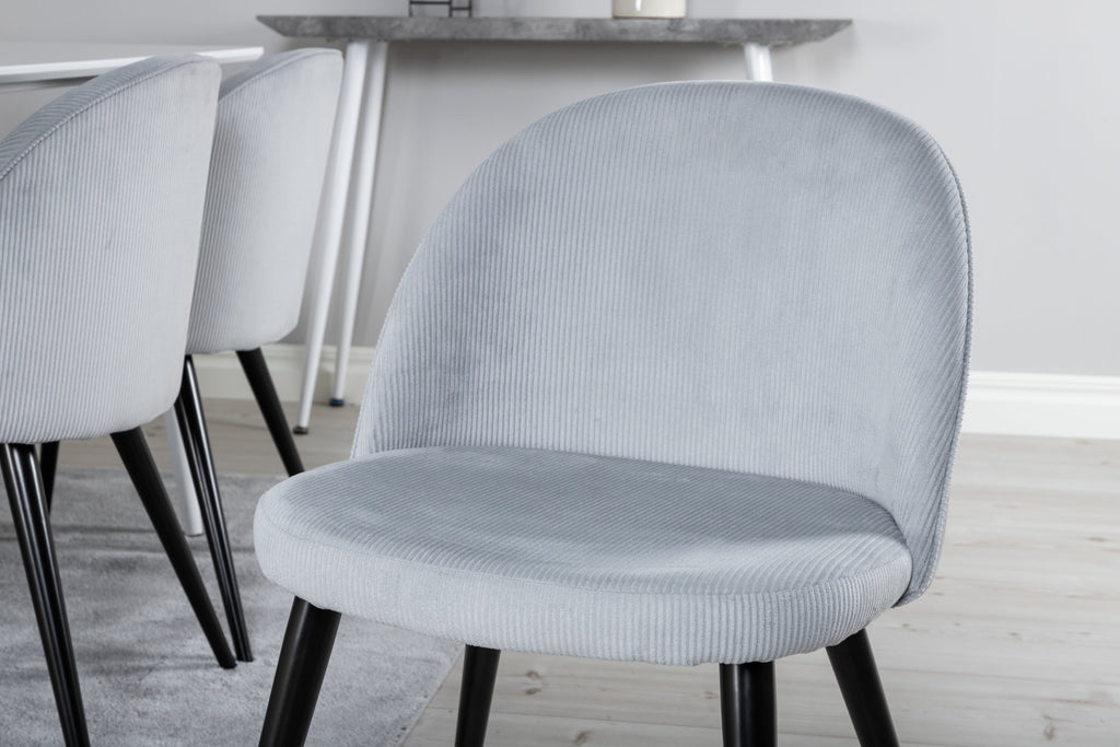 Polar matbord 180 cm vit topp/vita ben med 6 Velvet matstolar manchester ljusgrå/svart