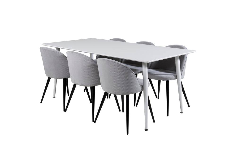 Polar matbord 180 cm vit topp/vita ben med 6 Velvet matstolar manchester ljusgrå/svart