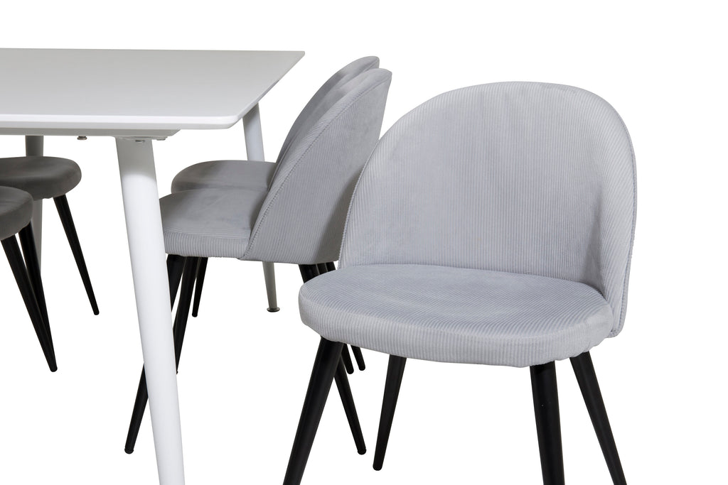 Polar matbord 180 cm vit topp/vita ben med 6 Velvet matstolar manchester ljusgrå/svart