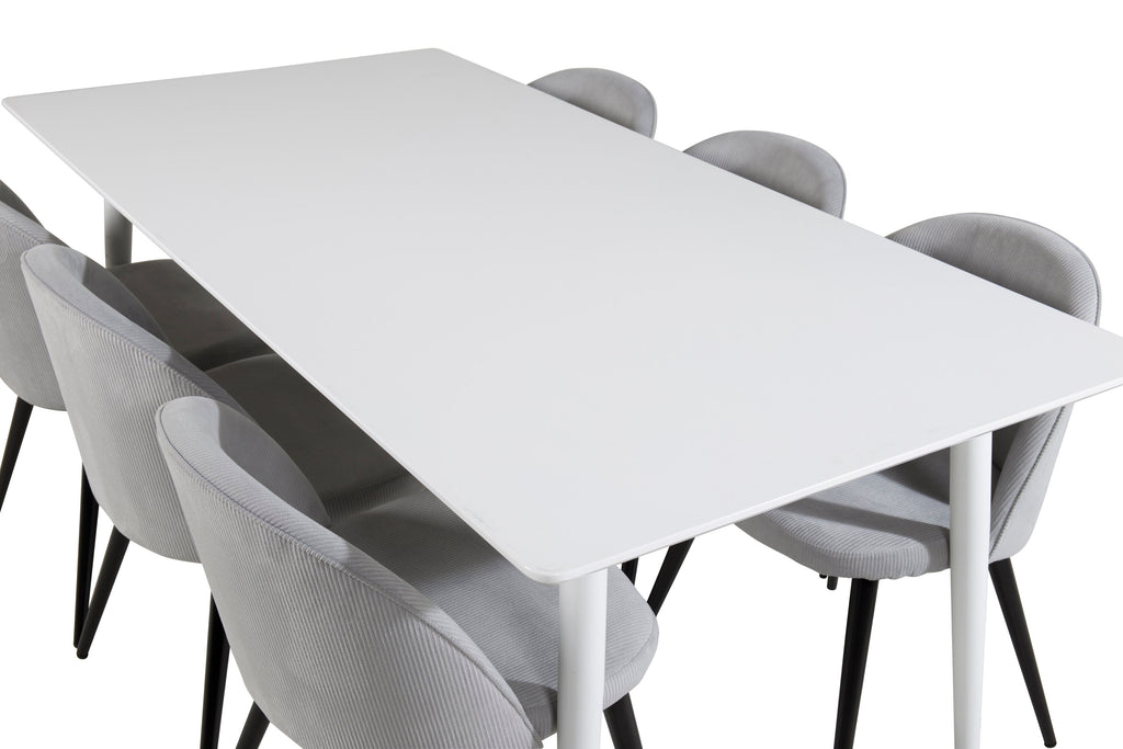Polar matbord 180 cm vit topp/vita ben med 6 Velvet matstolar manchester ljusgrå/svart