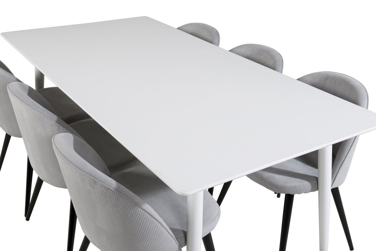 Polar matbord 180 cm vit topp/vita ben med 6 Velvet matstolar manchester ljusgrå/svart