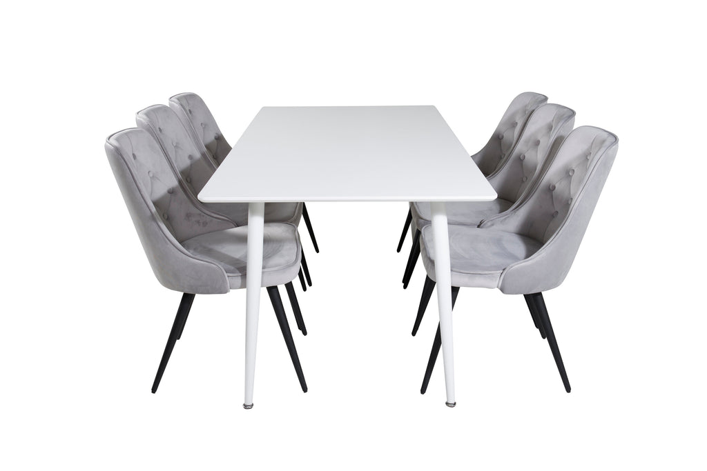 Polar matbord 180 cm vit topp/vita ben med 6 Velvet Deluxe matstolar ljusgrå/svart