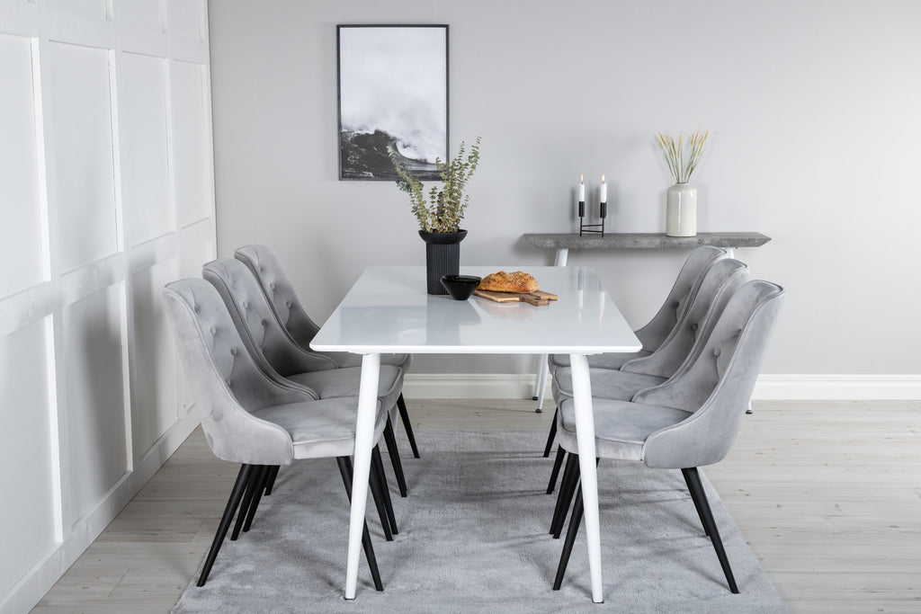 Polar matbord 180 cm vit topp/vita ben med 6 Velvet Deluxe matstolar ljusgrå/svart