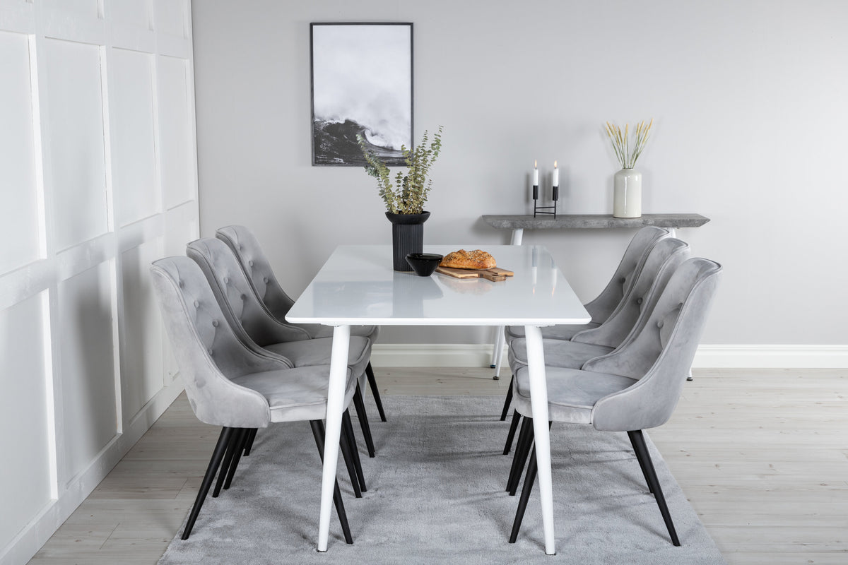 Polar matbord 180 cm vit topp/vita ben med 6 Velvet Deluxe matstolar ljusgrå/svart