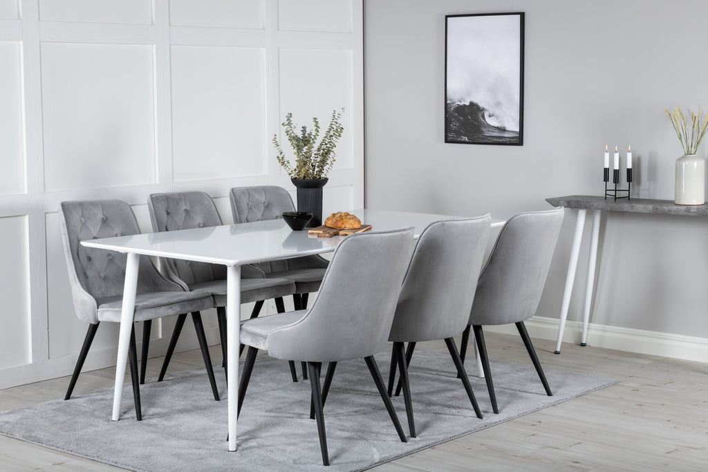 Polar matbord 180 cm vit topp/vita ben med 6 Velvet Deluxe matstolar ljusgrå/svart