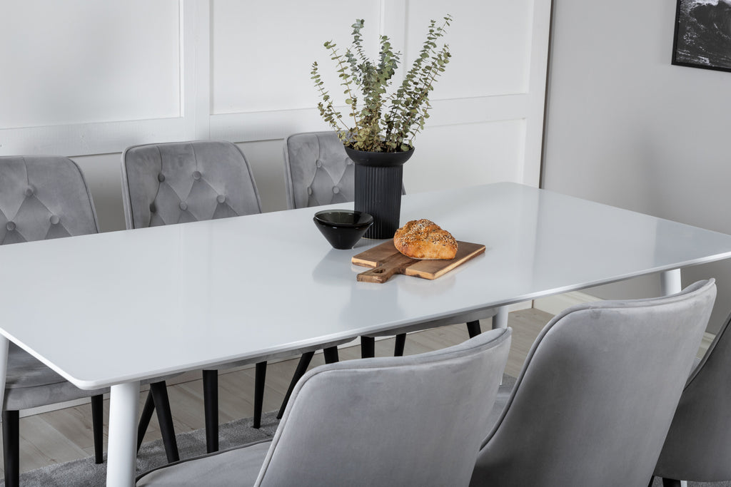 Polar matbord 180 cm vit topp/vita ben med 6 Velvet Deluxe matstolar ljusgrå/svart