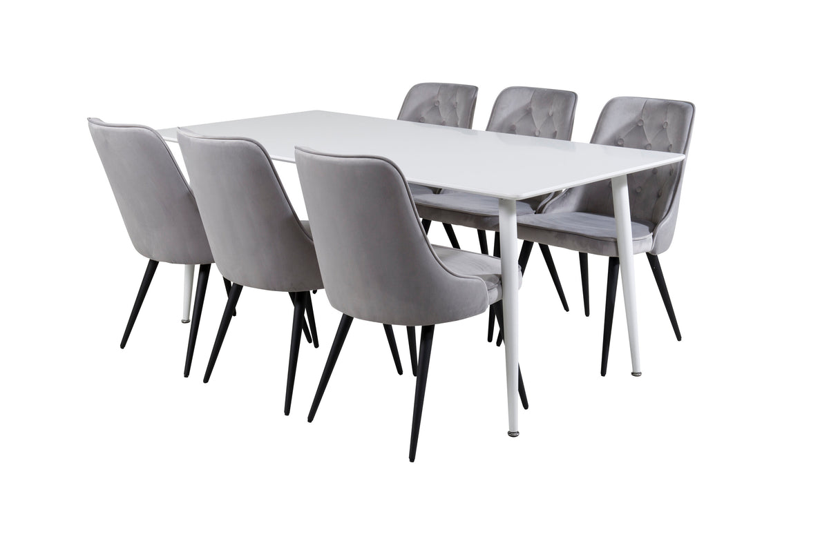 Polar matbord 180 cm vit topp/vita ben med 6 Velvet Deluxe matstolar ljusgrå/svart