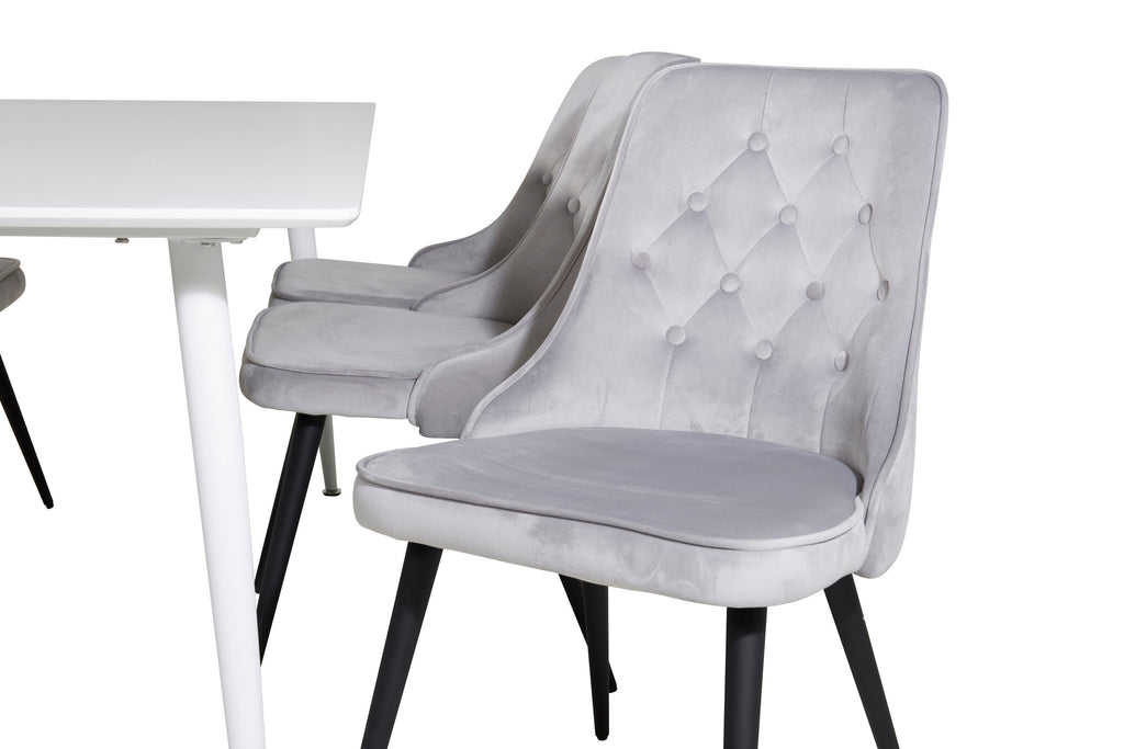 Polar matbord 180 cm vit topp/vita ben med 6 Velvet Deluxe matstolar ljusgrå/svart