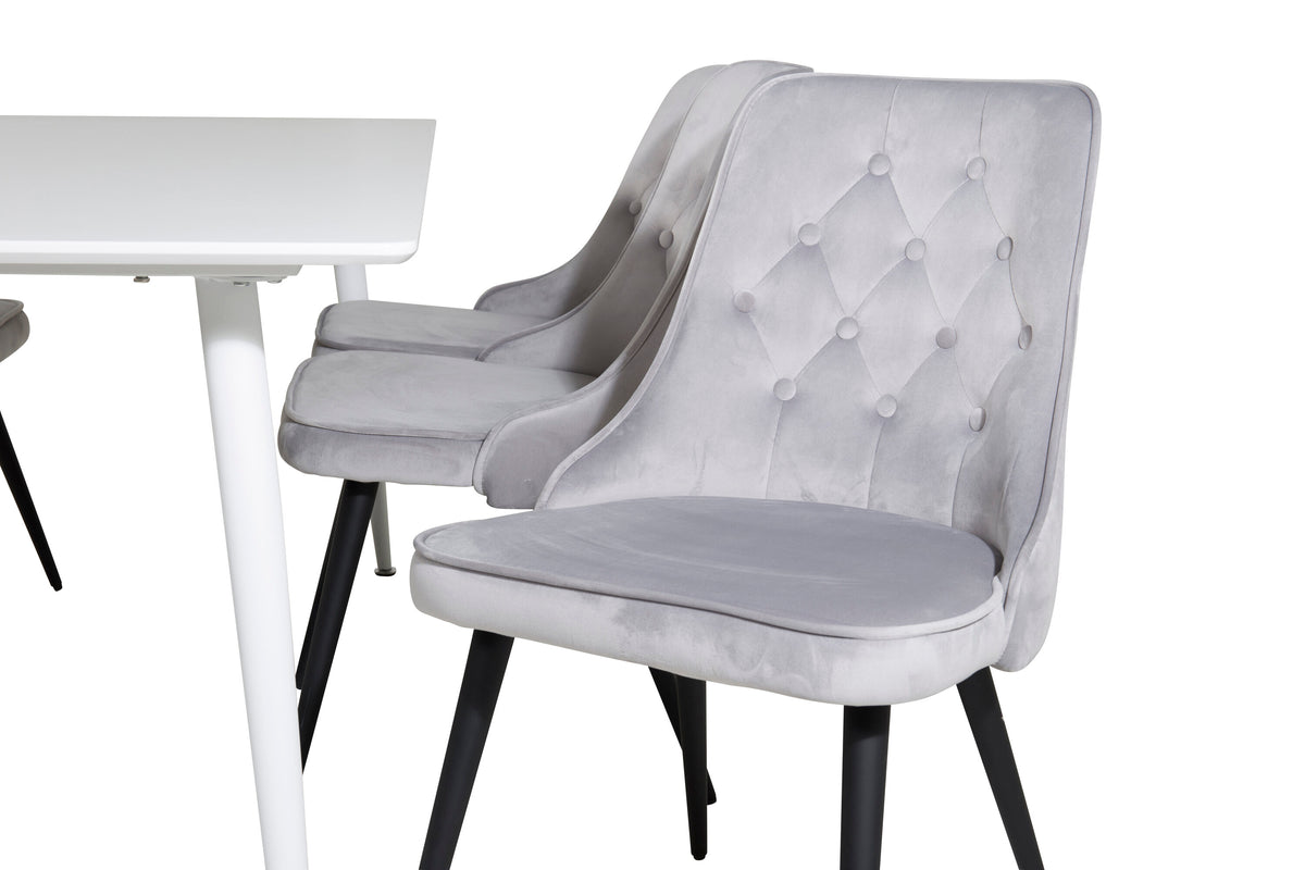 Polar matbord 180 cm vit topp/vita ben med 6 Velvet Deluxe matstolar ljusgrå/svart