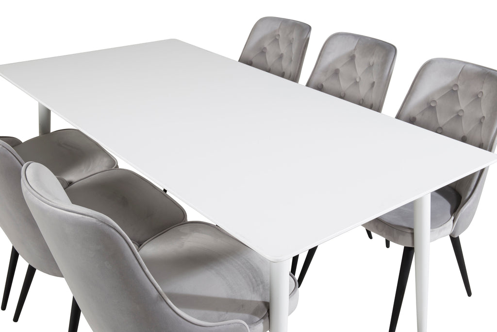 Polar matbord 180 cm vit topp/vita ben med 6 Velvet Deluxe matstolar ljusgrå/svart
