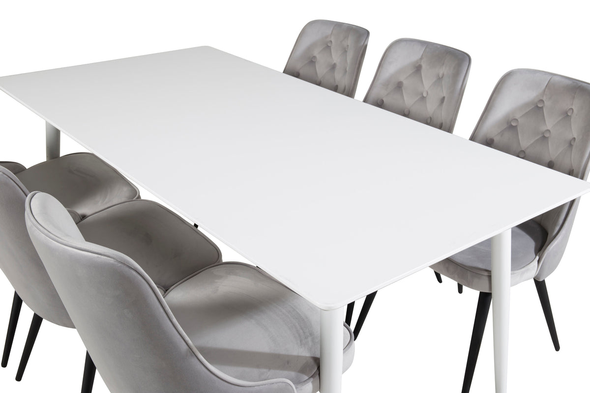 Polar matbord 180 cm vit topp/vita ben med 6 Velvet Deluxe matstolar ljusgrå/svart