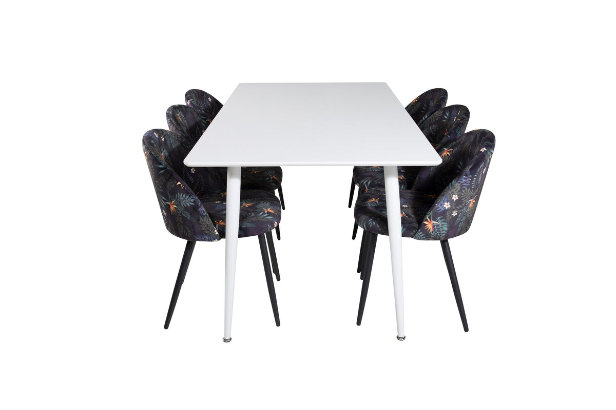 Polar matbord 180 cm vit topp/vita ben med 6 Velvet matstolar svart blommigt tyg
