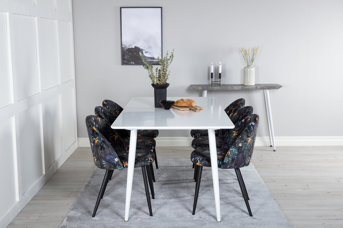 Polar matbord 180 cm vit topp/vita ben med 6 Velvet matstolar svart blommigt tyg