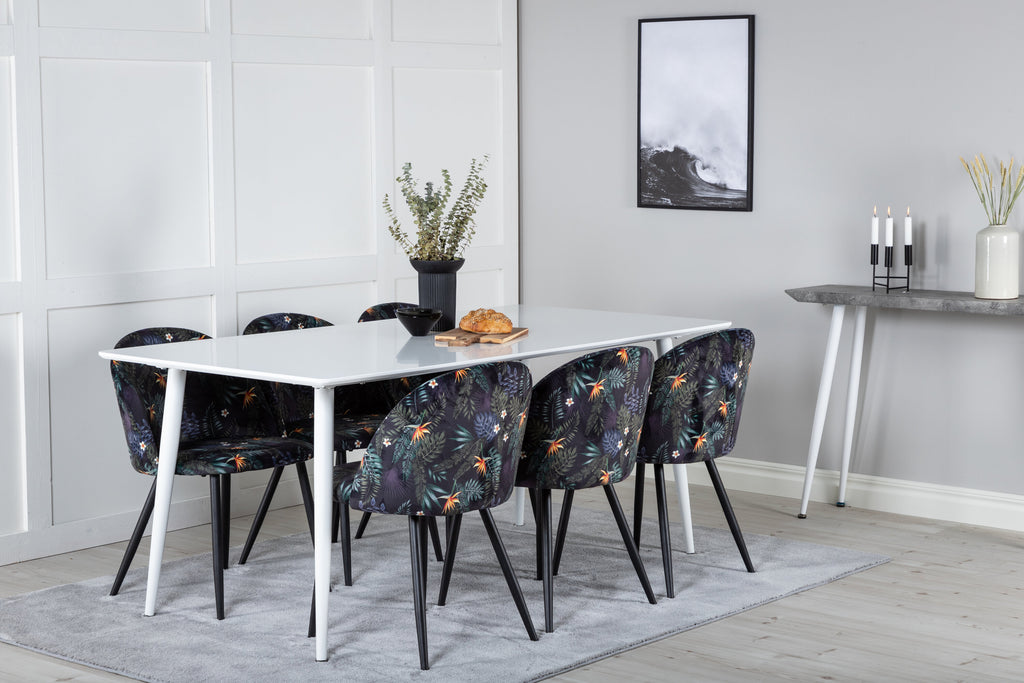 Polar matbord 180 cm vit topp/vita ben med 6 Velvet matstolar svart blommigt tyg