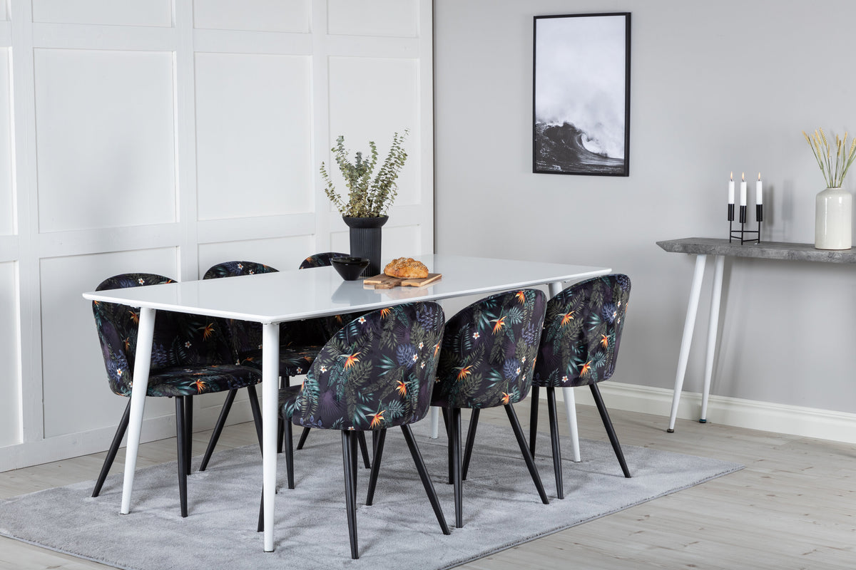 Polar matbord 180 cm vit topp/vita ben med 6 Velvet matstolar svart blommigt tyg