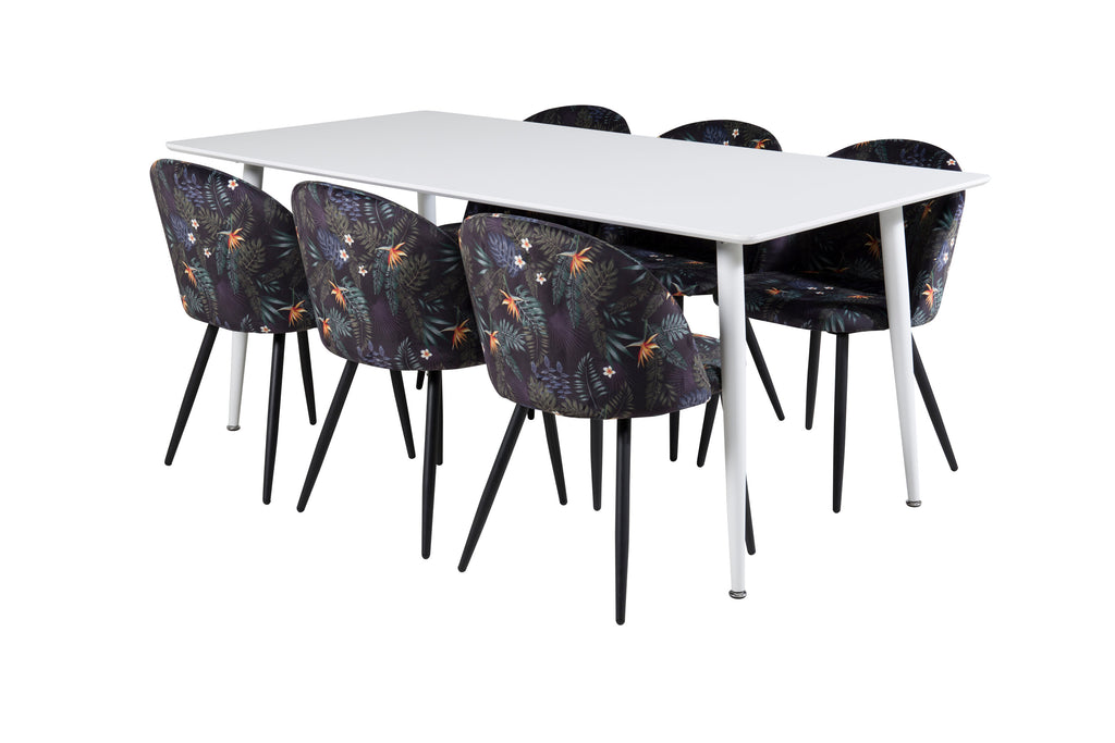 Polar matbord 180 cm vit topp/vita ben med 6 Velvet matstolar svart blommigt tyg