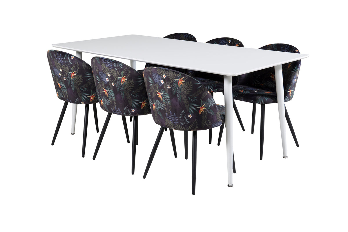 Polar matbord 180 cm vit topp/vita ben med 6 Velvet matstolar svart blommigt tyg