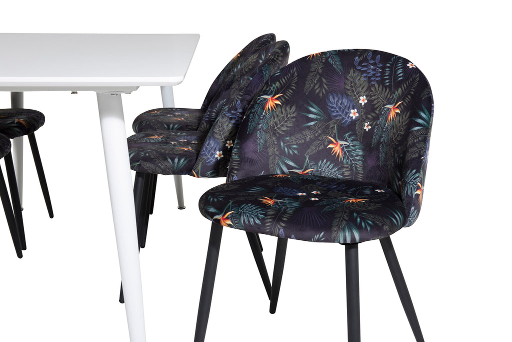 Polar matbord 180 cm vit topp/vita ben med 6 Velvet matstolar svart blommigt tyg