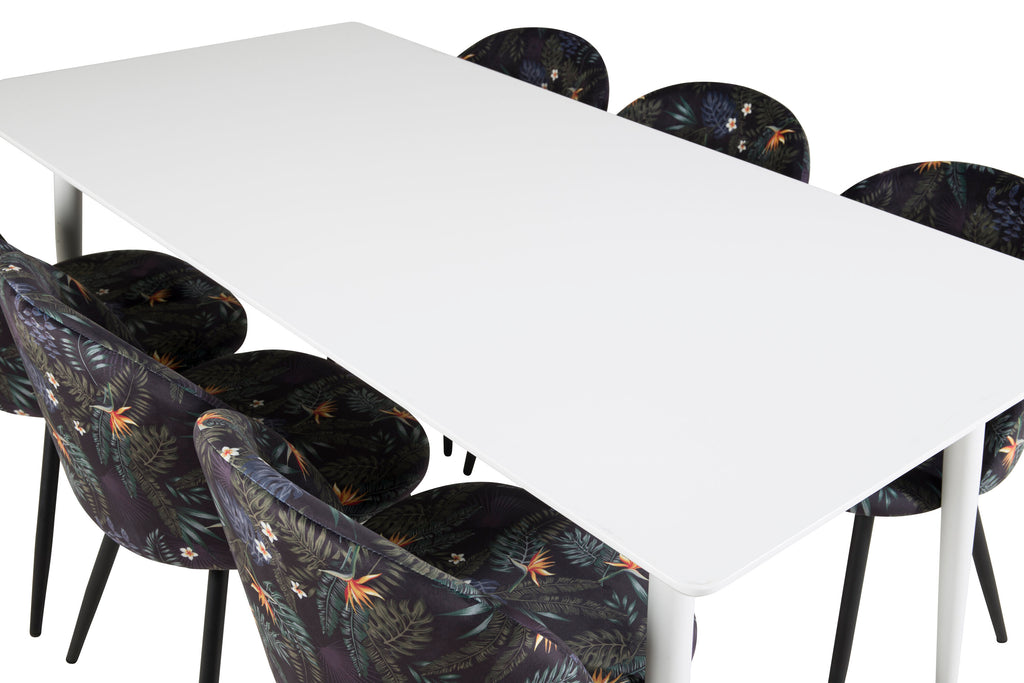 Polar matbord 180 cm vit topp/vita ben med 6 Velvet matstolar svart blommigt tyg