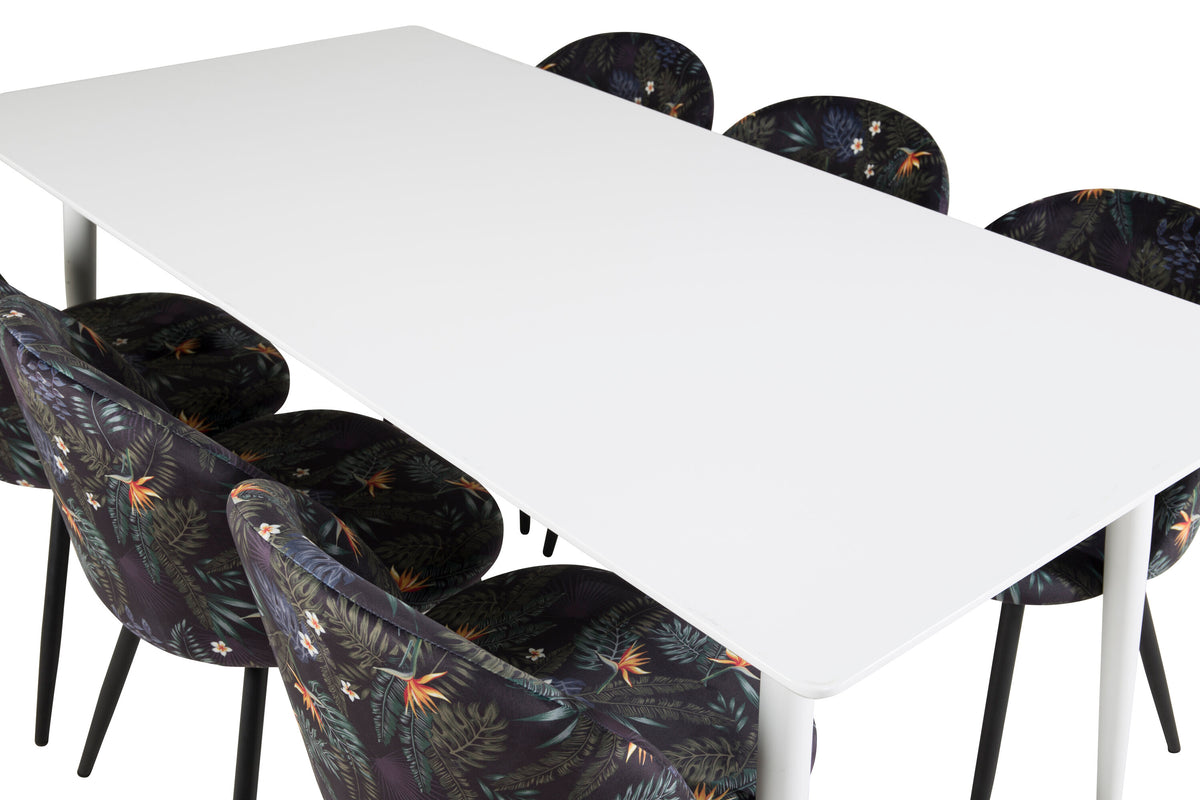Polar matbord 180 cm vit topp/vita ben med 6 Velvet matstolar svart blommigt tyg