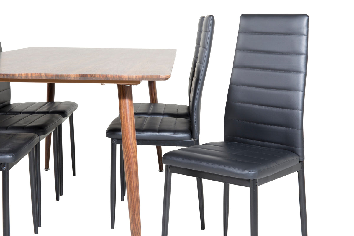 Polar matgrupp med 6 Slim-stolar med hög rygg 180 cm valnötsbrun och svart konstläder