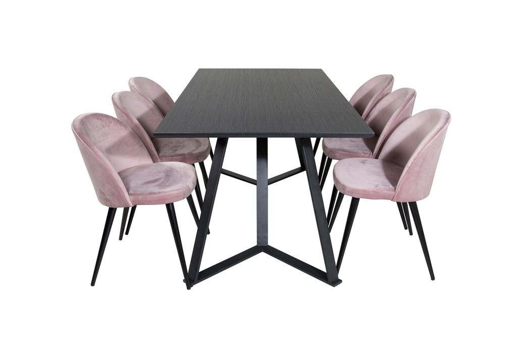 Marina matgrupp med 6 Velvet-stolar svart med rosa sammet