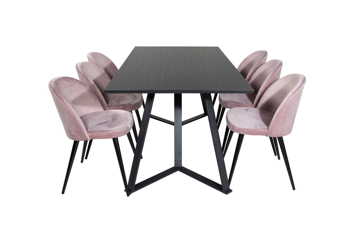 Marina matgrupp med 6 Velvet-stolar svart med rosa sammet