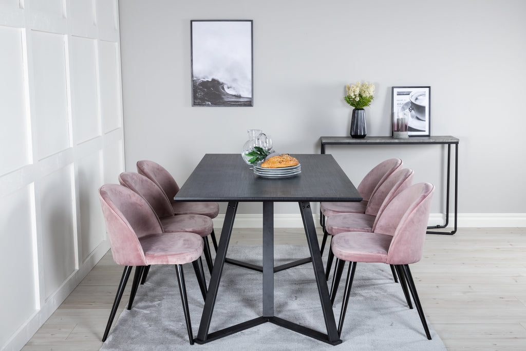 Marina matgrupp med 6 Velvet-stolar svart med rosa sammet