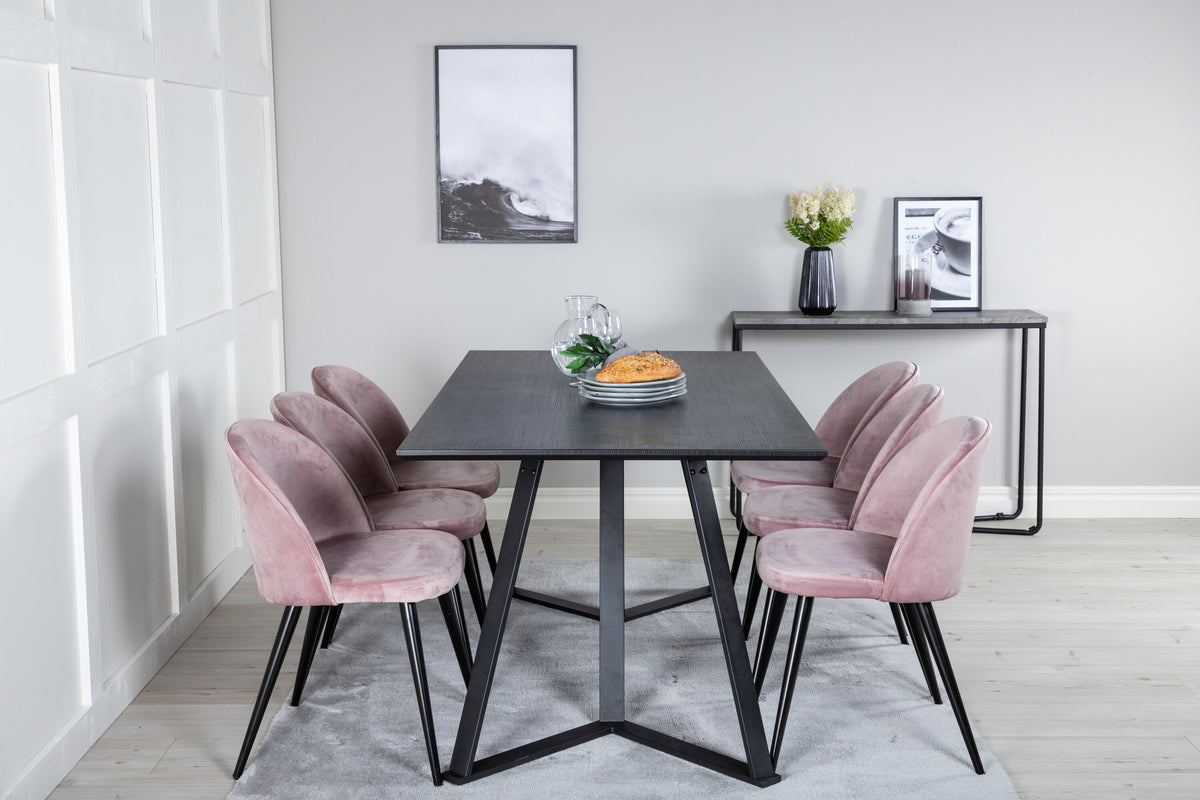 Marina matgrupp med 6 Velvet-stolar svart med rosa sammet