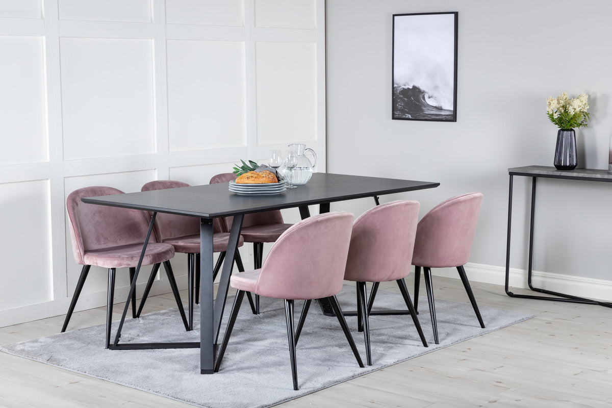 Marina matgrupp med 6 Velvet-stolar svart med rosa sammet