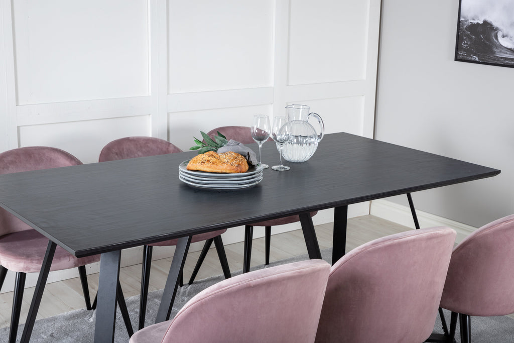 Marina matgrupp med 6 Velvet-stolar svart med rosa sammet