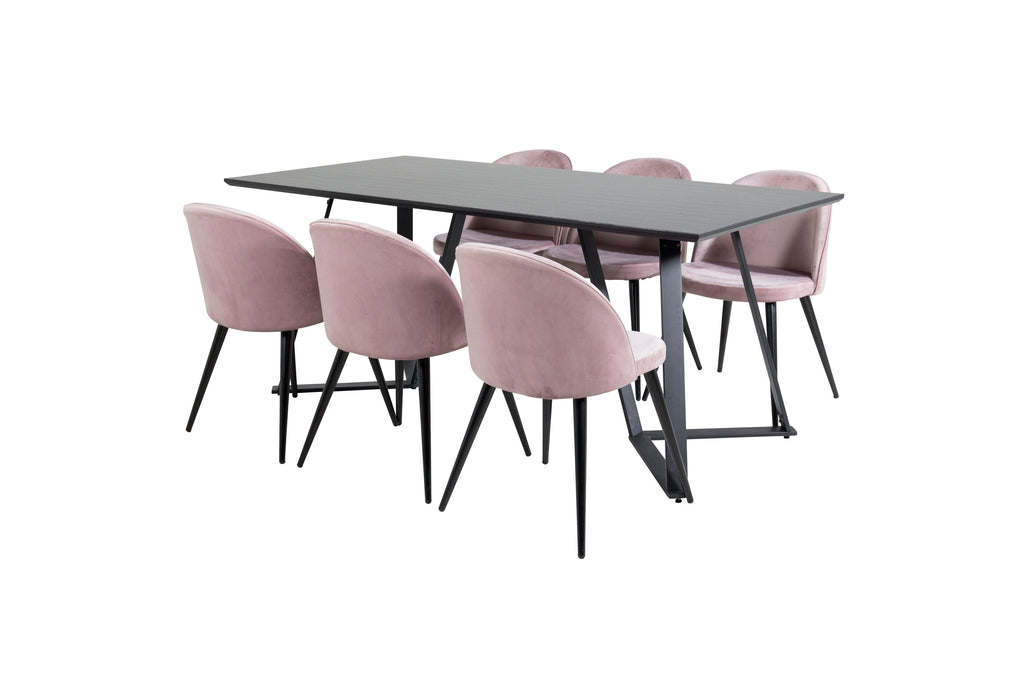 Marina matgrupp med 6 Velvet-stolar svart med rosa sammet
