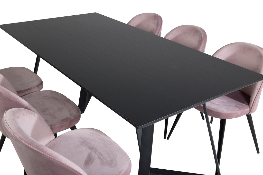 Marina matgrupp med 6 Velvet-stolar svart med rosa sammet