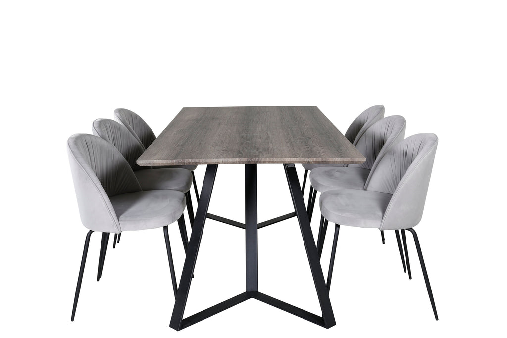 Marina matgrupp med 6 Wrinkles-stolar 180x90x75 cm grå/svart sammet
