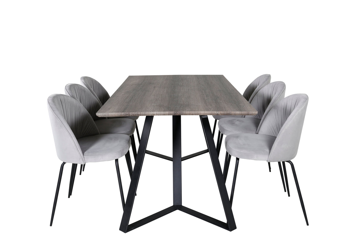 Marina matgrupp med 6 Wrinkles-stolar 180x90x75 cm grå/svart sammet
