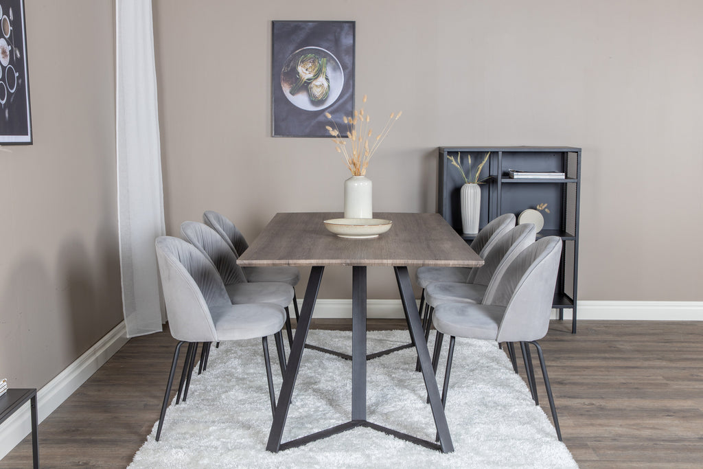 Marina matgrupp med 6 Wrinkles-stolar 180x90x75 cm grå/svart sammet