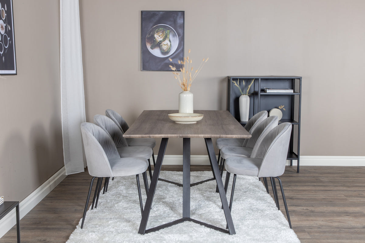 Marina matgrupp med 6 Wrinkles-stolar 180x90x75 cm grå/svart sammet