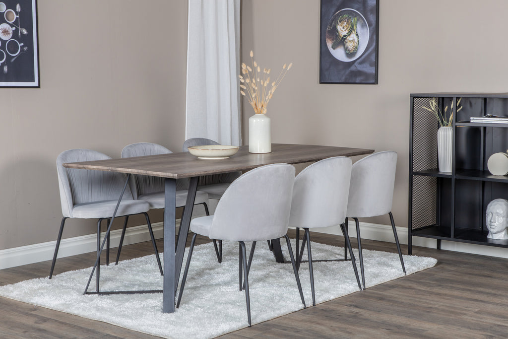 Marina matgrupp med 6 Wrinkles-stolar 180x90x75 cm grå/svart sammet