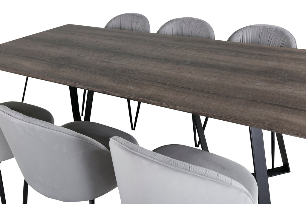 Marina matgrupp med 6 Wrinkles-stolar 180x90x75 cm grå/svart sammet