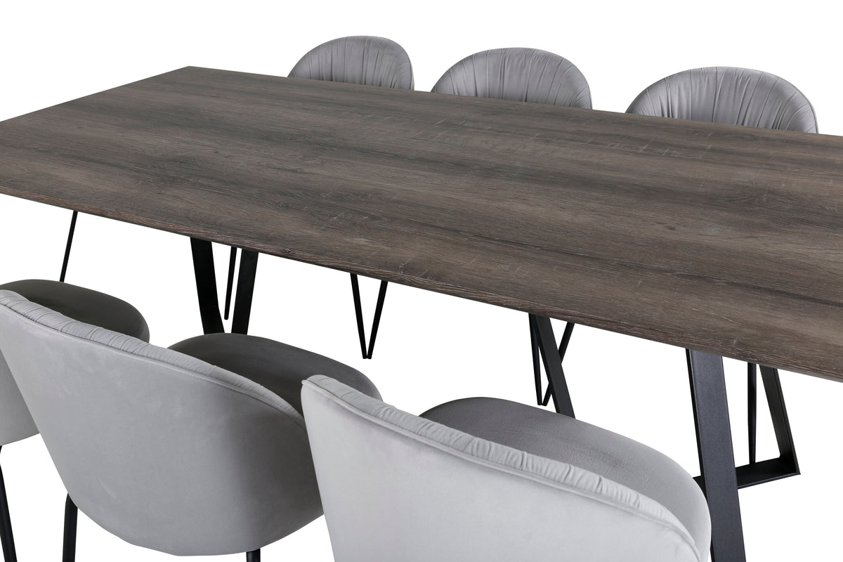 Marina matgrupp med 6 Wrinkles-stolar 180x90x75 cm grå/svart sammet