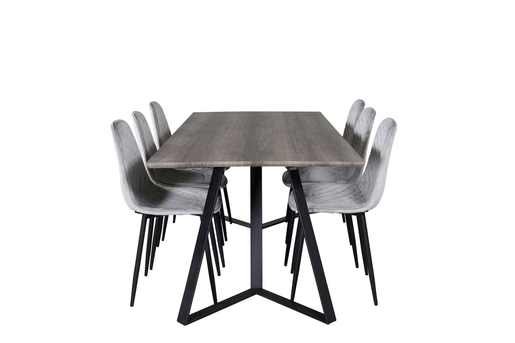 Marina matgrupp med 6 Polar Diamond-stolar 180x90x75 cm grå/svart sammet