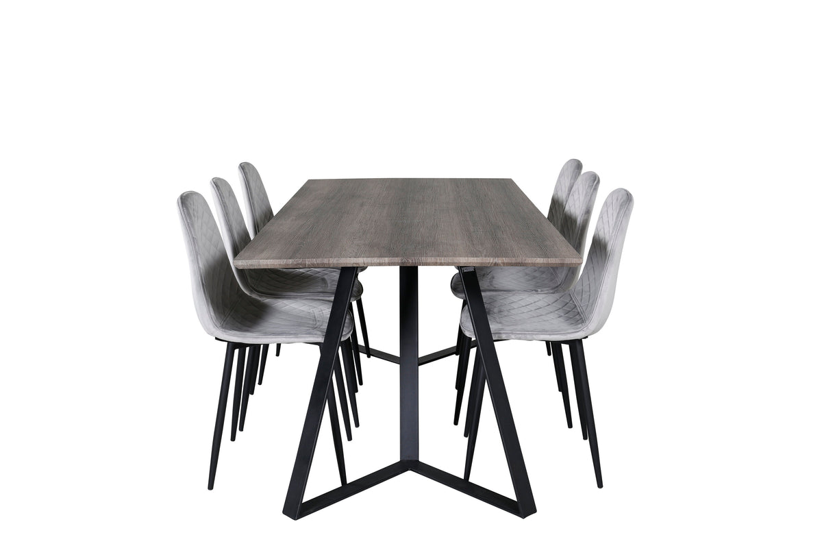 Marina matgrupp med 6 Polar Diamond-stolar 180x90x75 cm grå/svart sammet