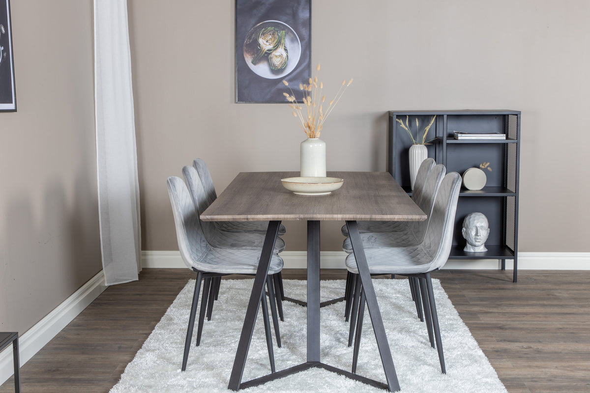Marina matgrupp med 6 Polar Diamond-stolar 180x90x75 cm grå/svart sammet