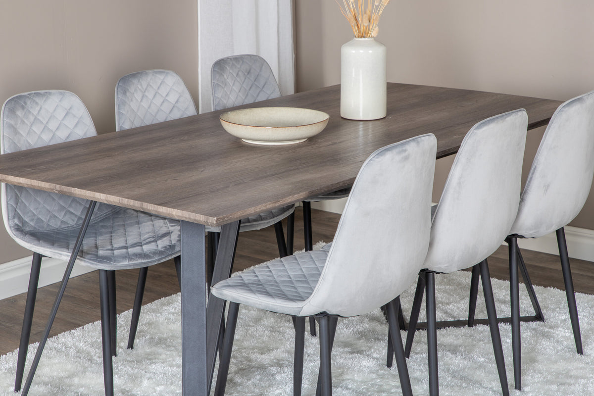 Marina matgrupp med 6 Polar Diamond-stolar 180x90x75 cm grå/svart sammet