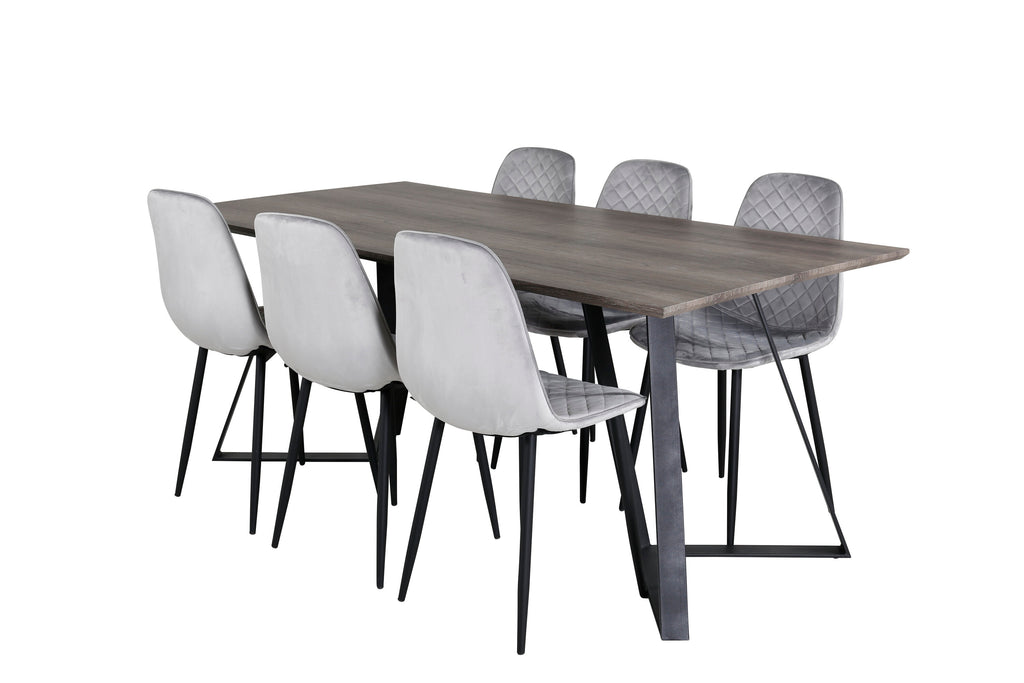 Marina matgrupp med 6 Polar Diamond-stolar 180x90x75 cm grå/svart sammet