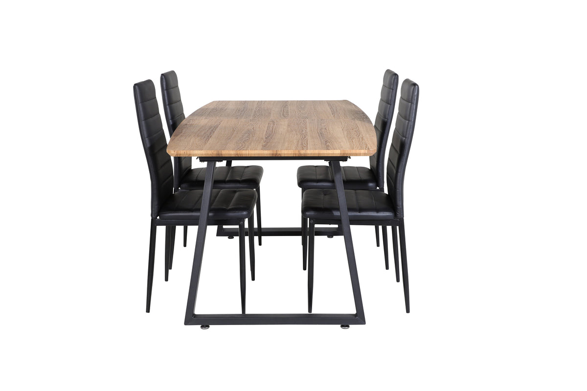 Inca matbord ek 160/200x85xH75 med 4 Slim High Back Dining Chair svart PU